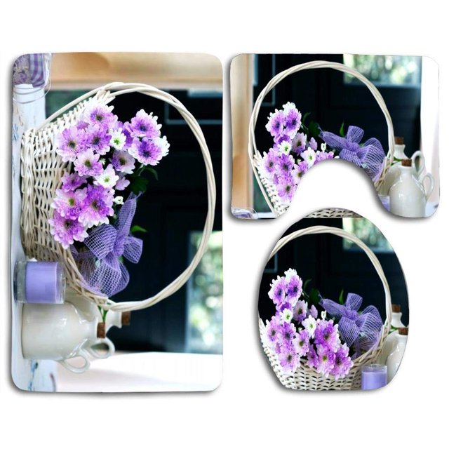 ABPHQTO Flores De Cesta Juego de alfombras de baño de 3 piezas Alfombra de baño Alfombra de contorno y tapa de inodoro ABPHQTO Cont-CHAPPLE-30627