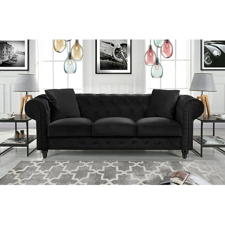 Clic Velvet Scroll Arm Tufted On Chesterfield Sofa Black