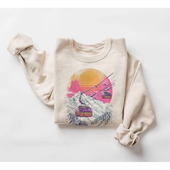 Retro Ski Gondola Sunset Sweatshirt - Vintage 80s Style Ski Lift Crewneck - Cozy Mountain Cabin Outfit - Sizes S-5XL ,Art Print JSC