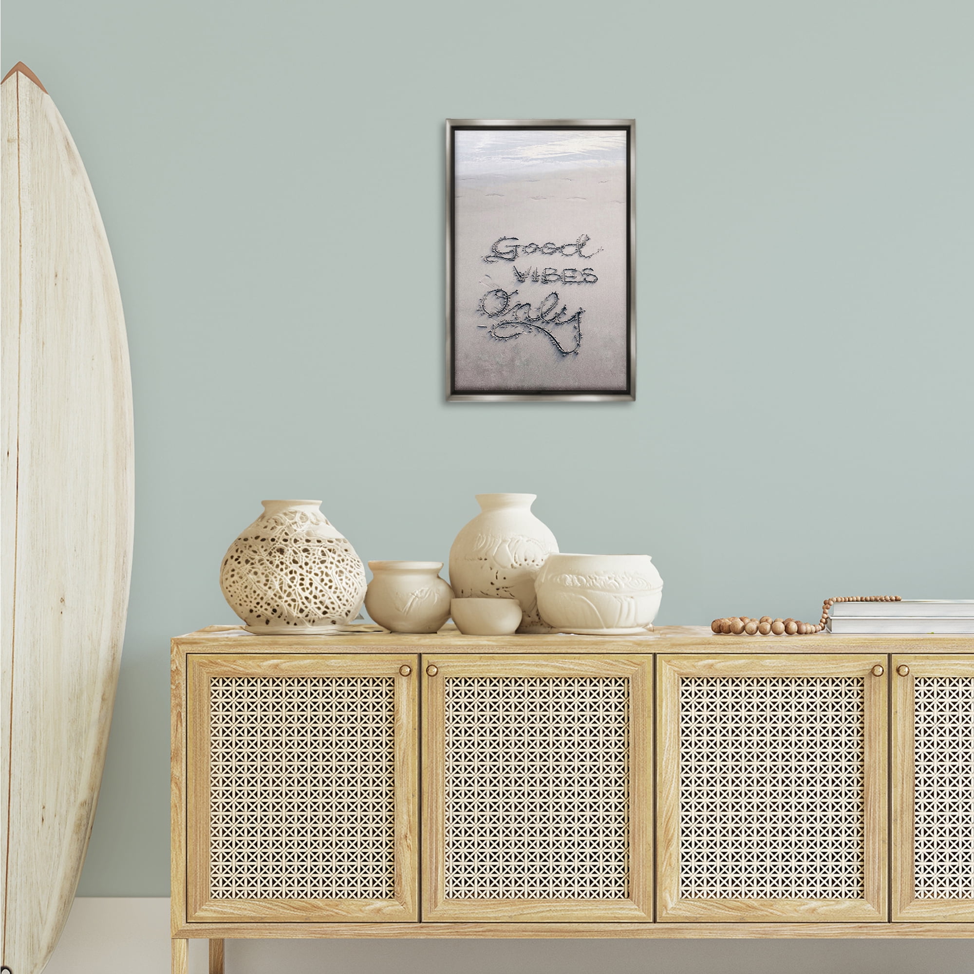 Stupell Industries Good Vibes Only in Sand Nautical & Beach Photography Gray Floater Framed Canvas Art Print Wall Art, 17 x 25