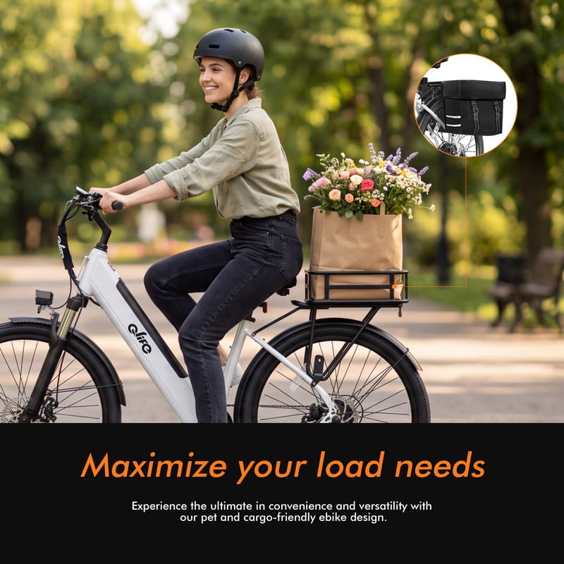 Qlife Cityone ST 26" Electric Bike for Adults,500W Hub Motor,Max 25 MPH Ebikes,48V 7.8Ah Removable Battery,7-Speed,Front Suspension,Mechanical Disc Brakes,(White)