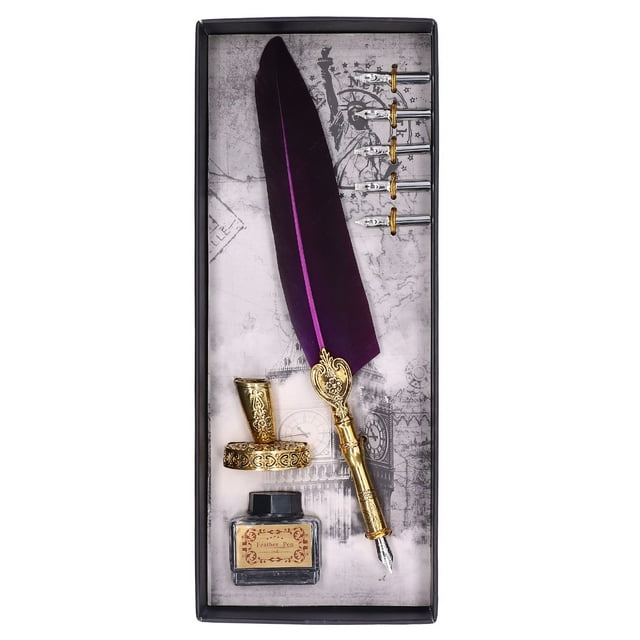 Feather Pen, Exquisite Pattern Smoothly Writing Quill And Ink Set Soft Feather Vintage Elegant For Home For School For Office Black,Orange,Green,Purple,Blue