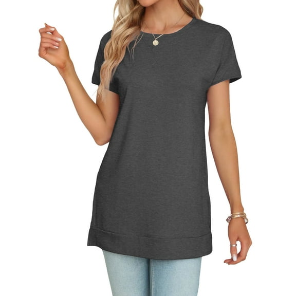 Women's Round Neck Solid Color T-Shirt Side Slit Casual Short-Sleeved Summer Sports Tunic Top