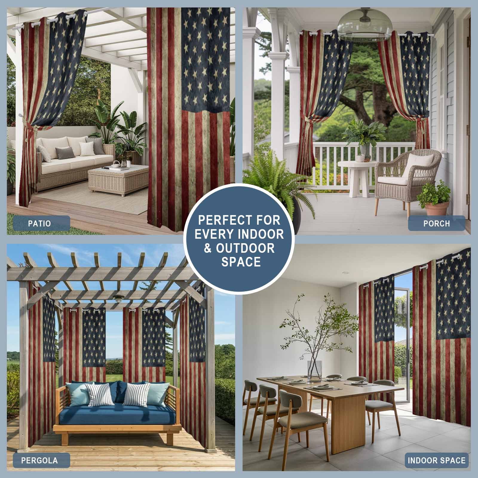 Vintage U.S. Flag Outdoor Curtains for Patio, Red White Striped Star Independence Day Sunshade Privacy Drapes Grommet Waterproof Outside Curtains for Porch/Cabana/Balcony 54"x 108", 1 Panel