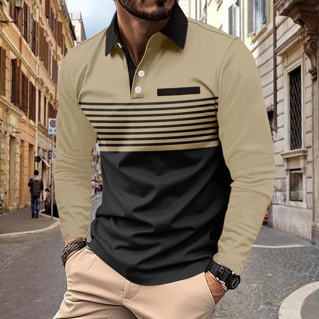 RXIRUCGD Hommes Décontracté Uni à Rayures à Boutons Manches Longues Col Rabattu Blouse Chemise Hauts, Kaki, Taille : 3TG