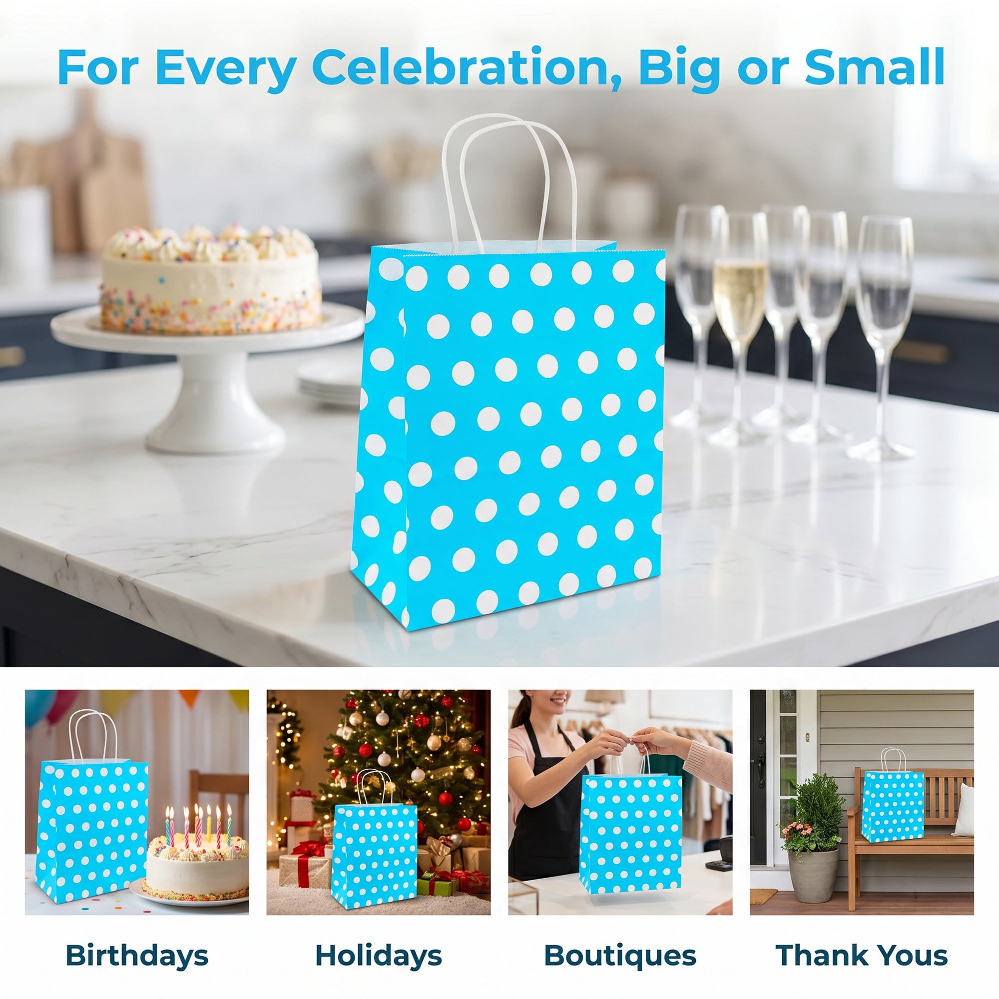 Unique Bargains 6Pcs Polka-dot Paper Gift Bag with Handles Blue 8.7" x 4.3" x 10.6"