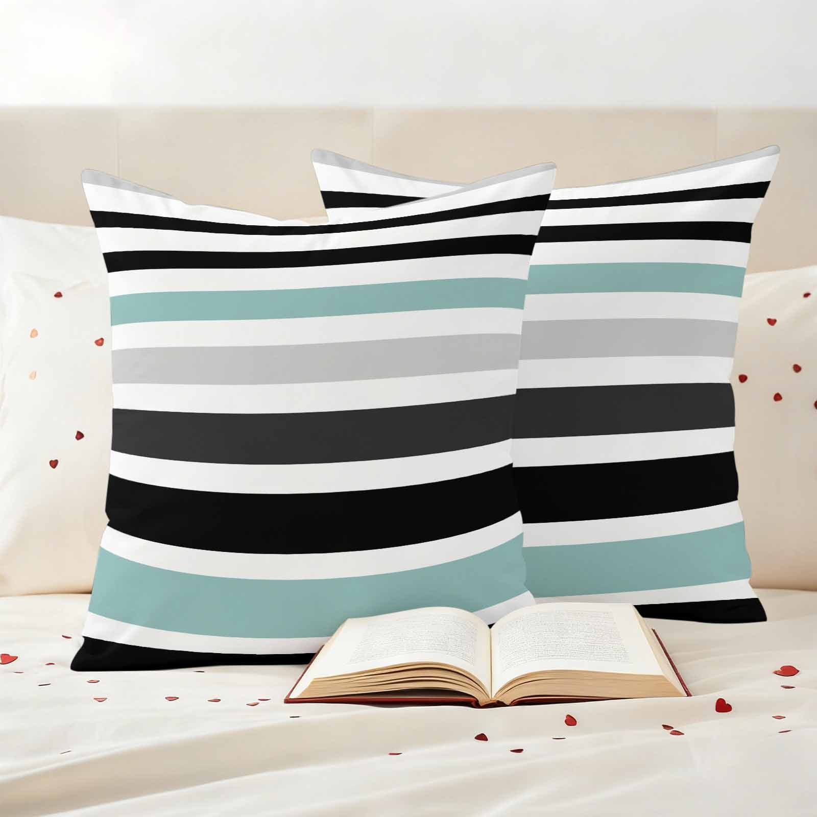 Turquoise Black Stripe Outdoor Waterproof Pillow Covers, Modern Abstract Coarse Striped Decorative Square Throw Pillowcase Sofa Cushion Sham for Patio/Couch/Chair, 18"x18" 2 Pack