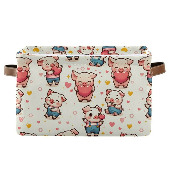 Cute Pig with Heart Storage Bins with Handle Fabric Organizer Basket Foldable Box 1 Pack 14.2x10.2x8.3