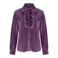 thumbnail image 4 of XPMWRP Dressy Ruffle Velvet Shirts for Women Button Down Loose Long Sleeve Business Casual Tops Elegant Party Blouse Purple L, 4 of 6