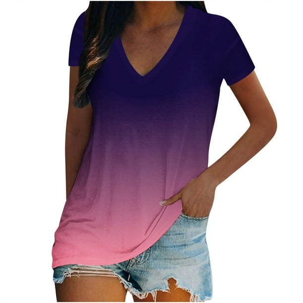Blusa de camiseta con estampado de cuello en V de manga corta informal de verano a la moda para mujer Pompotops qwe24587
