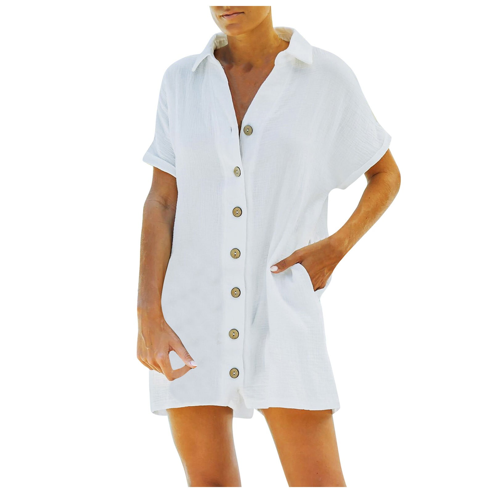 Womens Casual Button Down Cuffed Short Sleeve Casual Boho Playsuit Jumpsuit