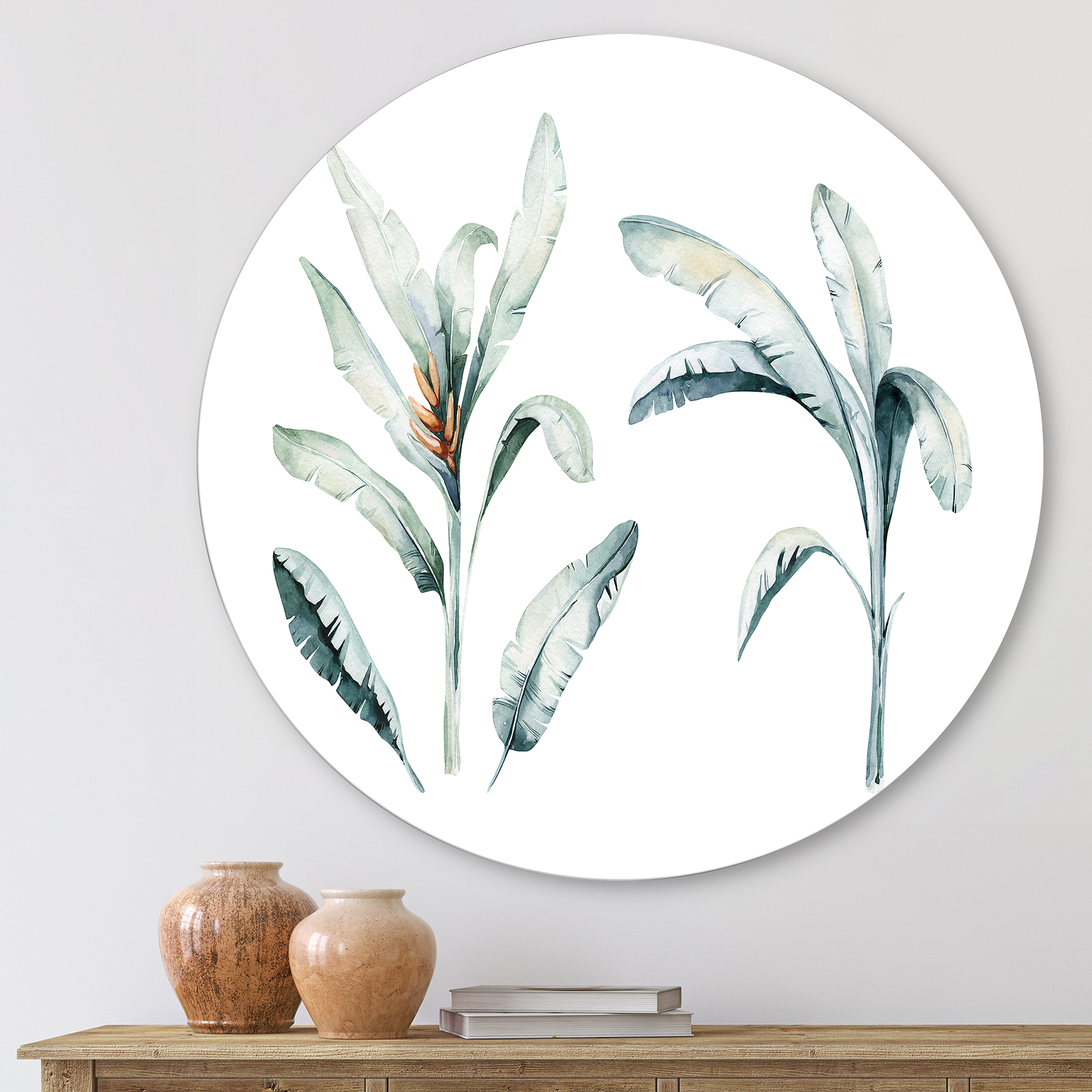 Designart 'Tropical Jungle Leaves On White' Bohemian & Eclectic Circle Metal Wall Art 11x11 - Disc of 11