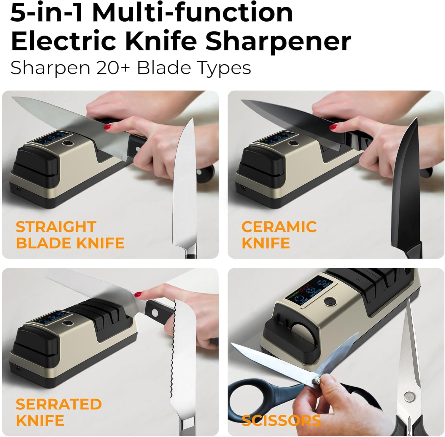 Electric Knife Sharpener with LCD Display, 5-in-1 Professional Sharpener Adjustable Speed  Wheel Ceramic Rod for Kitchen Knives Scissors Gold