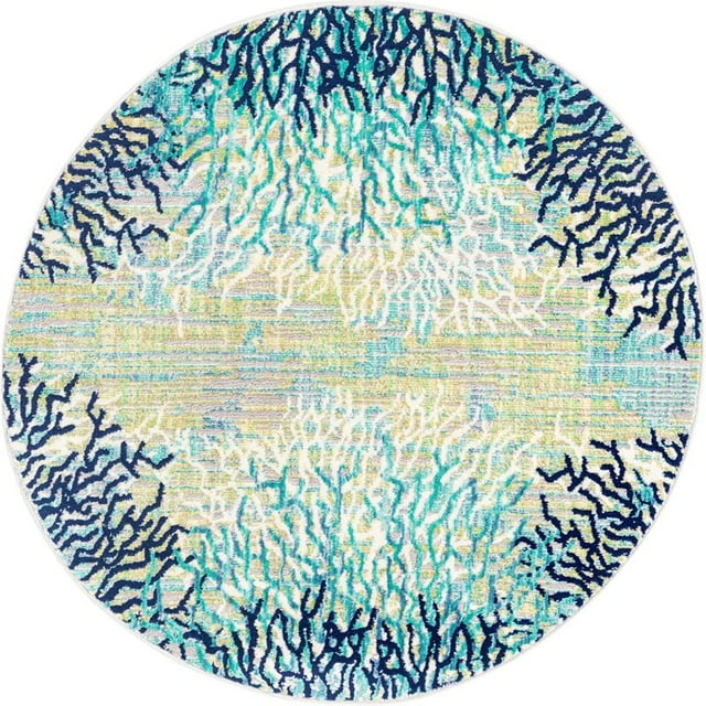 Unique Loom Tapis de Corail Abstrait Ariel Rond 4' x 4' Sarcelle/ivoire
