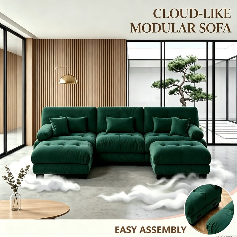 ANPPORT Cloud Couch Sleeper Sofa, Chenille Green 3-Seater Modular Sofa with 2 Ottomans, 3 Lumbar pillows, 2 Pillows, Comfy Deep Seat Cloud Sofa, Convertible L-Shaped Floor Couch for Living Room