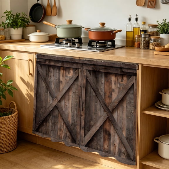 Farmhouse Cabinet Curtains for Kitchen 35"W x 35"L, Brown Country Style Barn Door Distressed Wood Grain Laundry Sink Cabinets Magic Tape Short Curtain Privacy Panel for Bathroom Vanity Cabinets