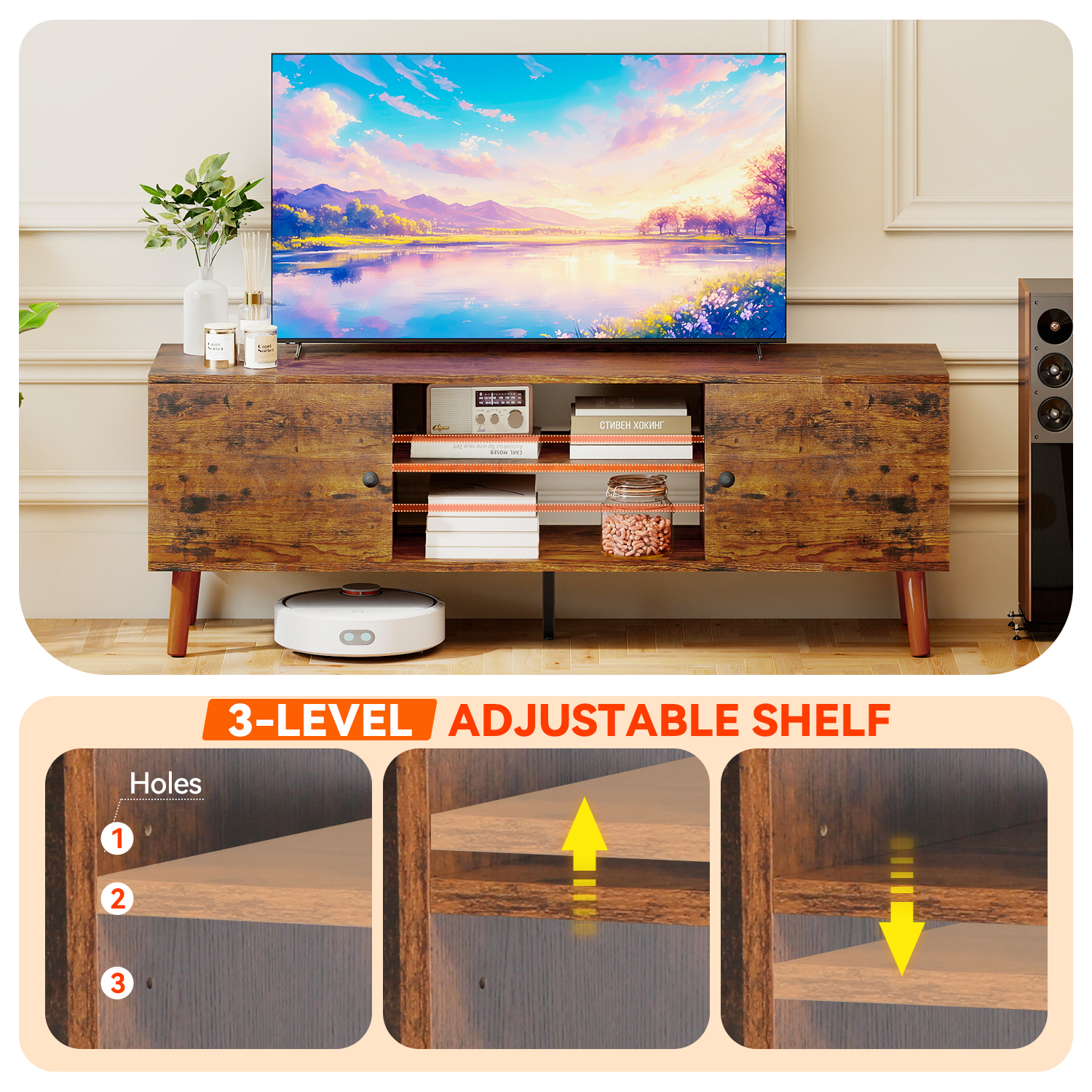 FDW TV Stand for 55 60 Inch TVs,with 2 Storage Cabinets and Open Shelves,Brown
