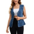 thumbnail image 1 of Chaleco de mezclilla sin mangas para mujer INSPIRE CHIC, con cuello en V, parches, botones y bolsillos, talla 2XL, azul oscuro, 1 of 6