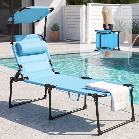 OMNIBERG Folding Cushioned Chaise Lounge Chair, 4-Position Adjustable Outdoor Lounge Chair with Sunshade Roof and Headrest, Portable Reclining Tanning Beach Chair for Pool Sunbathing Patio, Blue