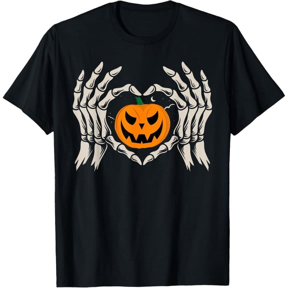 Skeleton Hand Heart with Pumpkin Halloween Funny Bones Love T-Shirt