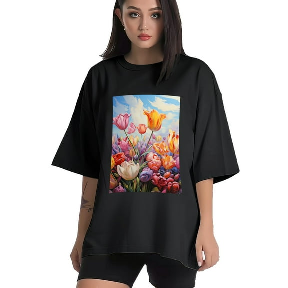 Plus Size Shirt for Women Black Tops for Women Short Sleeves Shirt for Women Tulip Flowers2 T Shirt Crewneck Shirt for Women XS