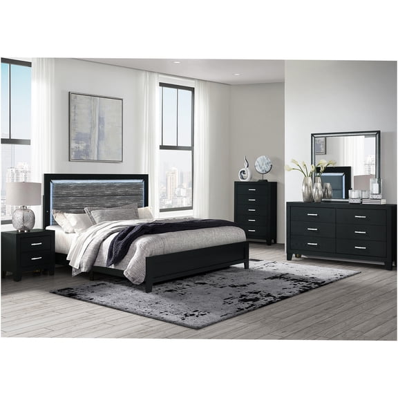 JERFIT 5-Piece King Bedroom Set with LED Headboard, Upholstered Modern Platform Bed, Dresser, Mirror, Nightstands in Black
