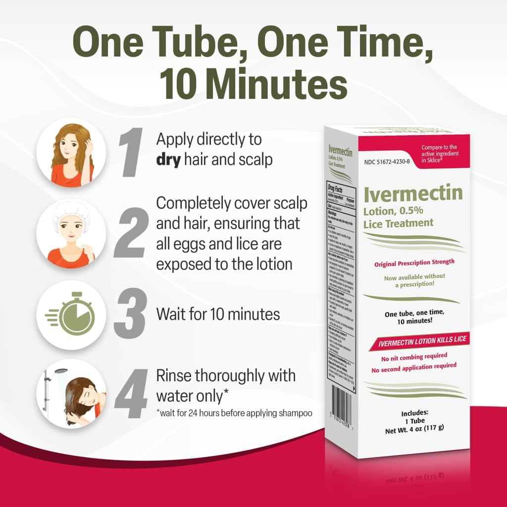Ivermectin Lotion 0.5% Lice Treatment (4 fl oz) Fast-Acting 10-Minute Single Use, Prescription Strength Solution for Head Lice & Eggs, No Nit Combing Required, Adults & Kids 6 Months+