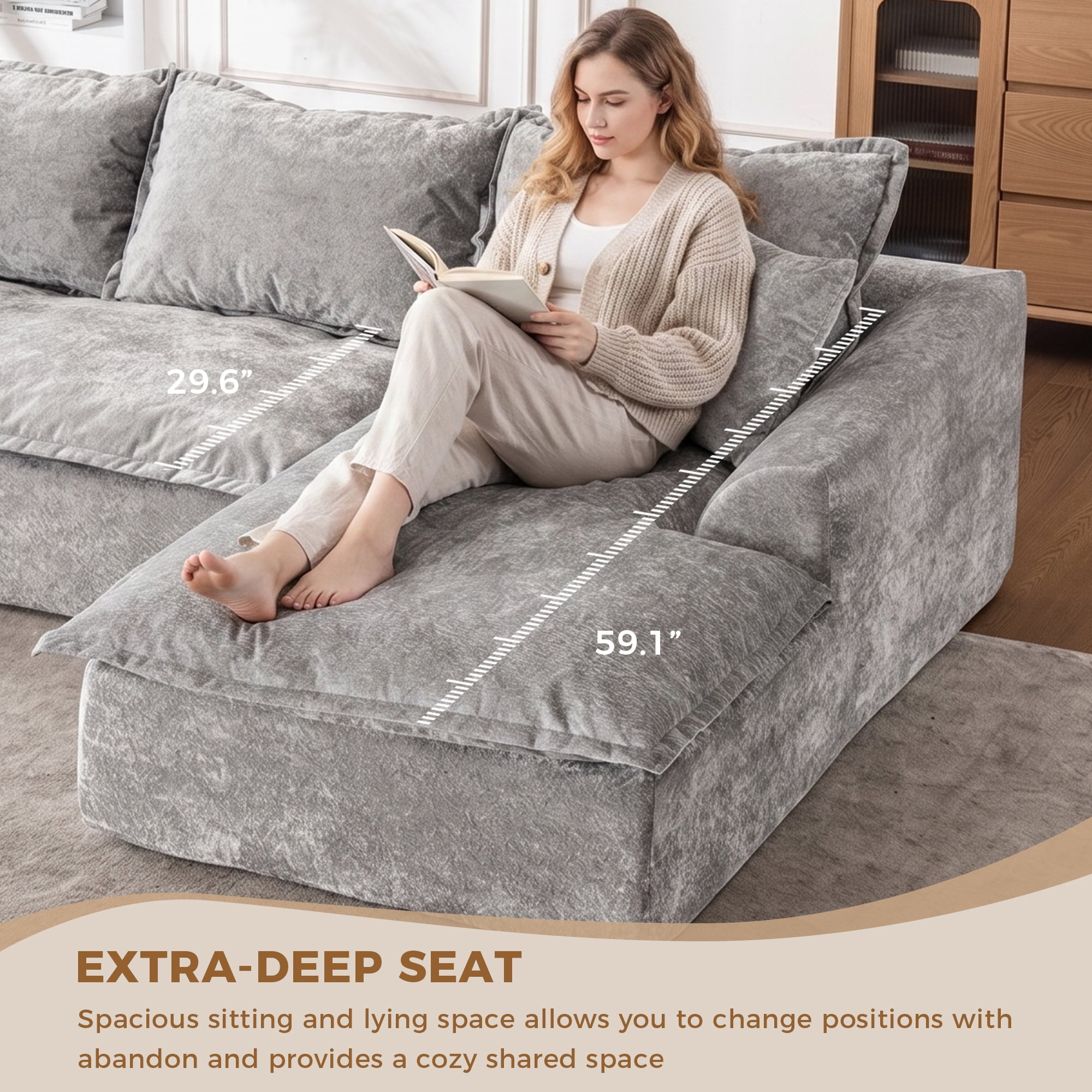 LEHZROAJ 103" Chenille Compressed Sofa,L Shaped Sectional Couch Pillows No Assembly Required for Living Room(Gray,Right)