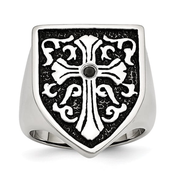 Stainless Steel Cross With Black Diamond Antiqued Shield Ring - .05 dwt - Size 9