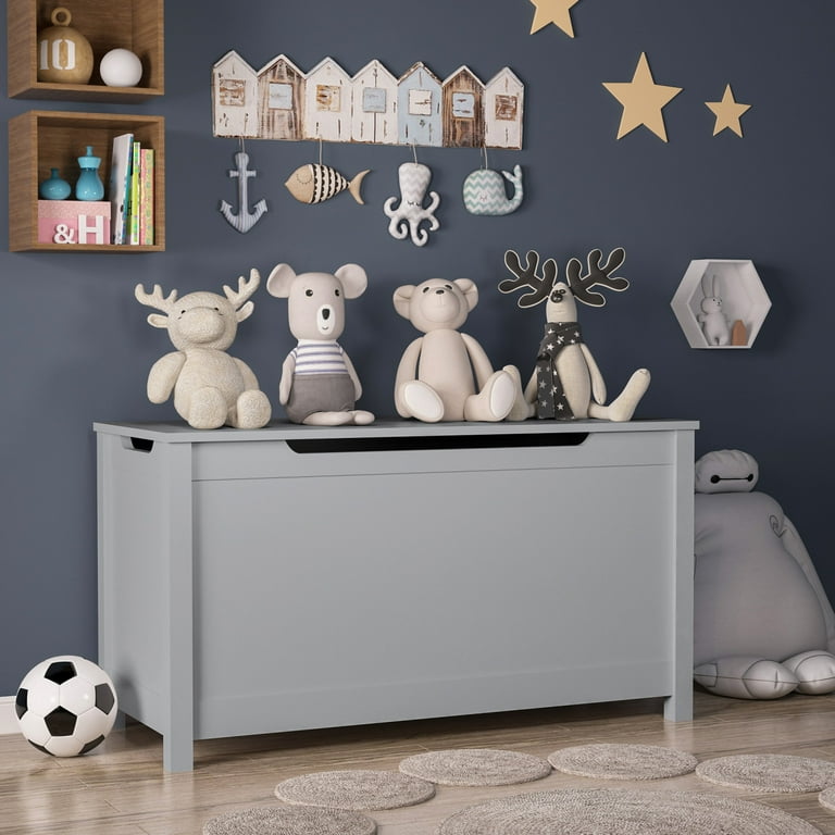Kids Wooden Toy Chest 2 In 1 Large Toy Storage Truck Bench with Flip Top Lid 2 Safety Hinges Groove Handle Toddler Big Toy Box for Playroom Living Room Bedroom Gift for Boys Girls Age 3 Gray