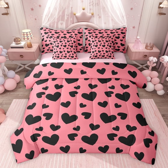 Feelyou Romantic Love Heart Twin Bedding Sets 7-Piece, Fashion Abstract Polkadots Bedding Comforter Set, Teens Kids Girls Women Reversible Sheet Sets, Microfiber Bedroom Decor