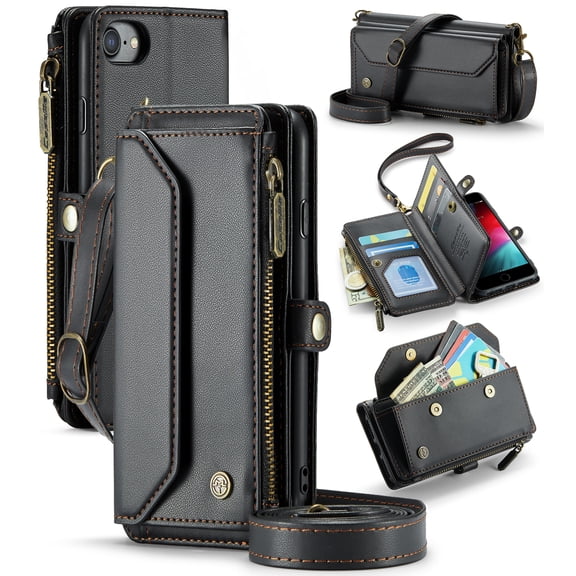 For iPhone 8 Crossbody Wallet Case with Card Slots Zipper Pocket,PU Leather Magnetic Flip Folio Wristlet Shoulder Strap 3-in-1 Crossbody Phone Case Wallet for Women Men,Black