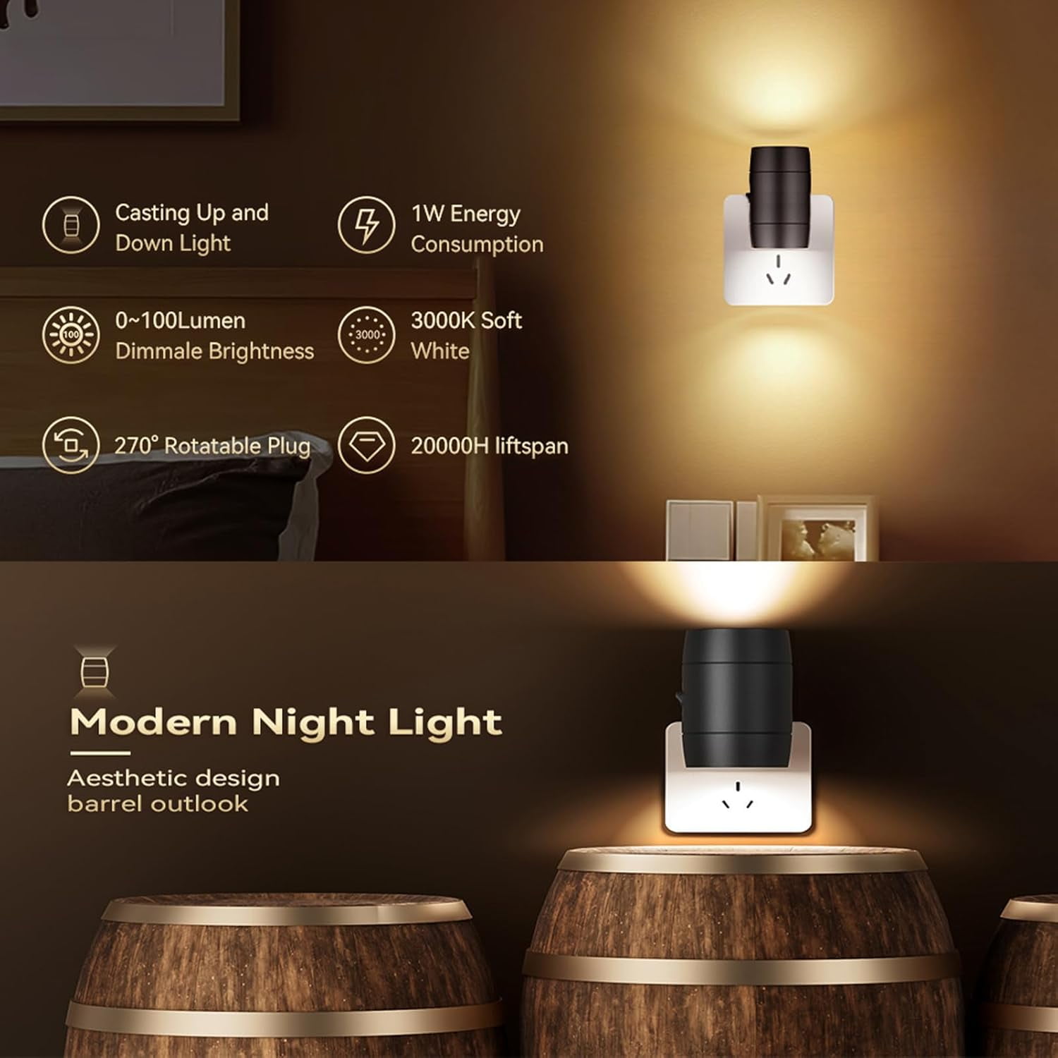 Night Lights Plug into Wall, Dimmable LED Nightlight, Rotatable 270 Wall Lights 0-100LM Adjustable Brightness, 3 Color Temperatures, Compact Size Black 2 Pack for Hallway,Bedroom, Bathroom