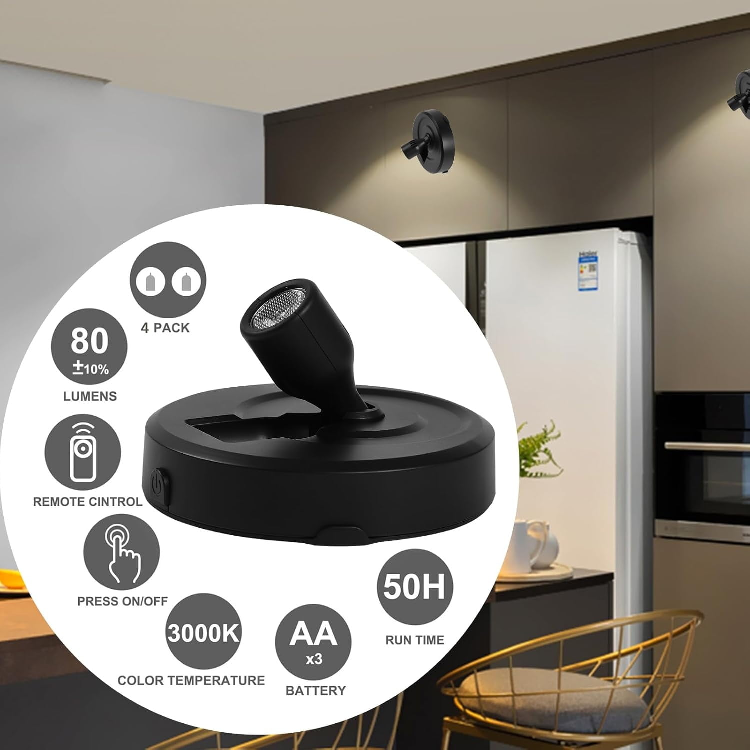 4-Pack Wireless LED Spotlight Battery Operated Picture Lights, Puck Lights with 2 Remote, Dimmable Stick Spotlights with Timmer for Wall Display Painting Dartboard Artwork Accent Closet