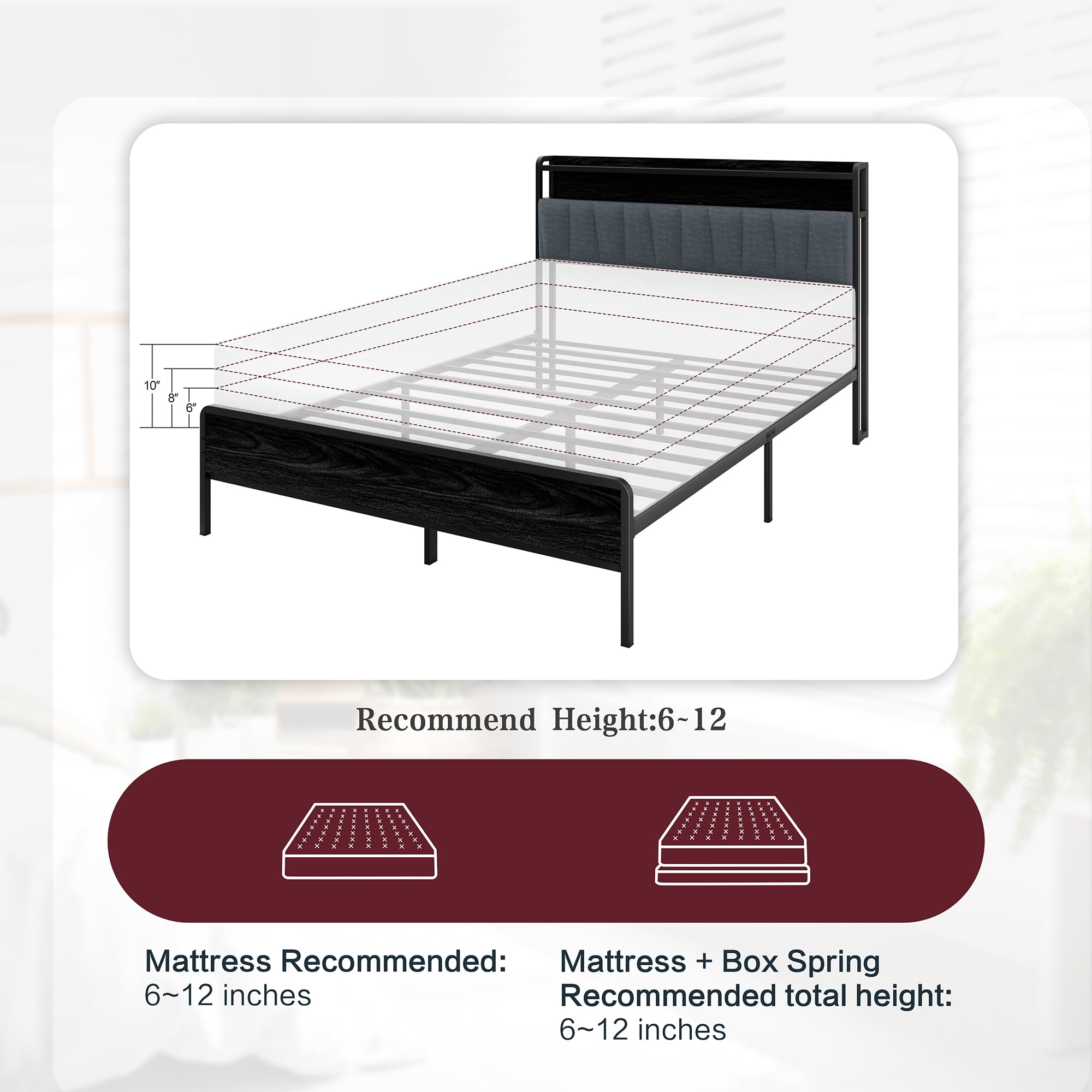 Walsunny Queen Bed Frame with Led Light, Metal Platform Bed with Charging Station and Linen Fabric Storage Headboard, Strong Metal Slats