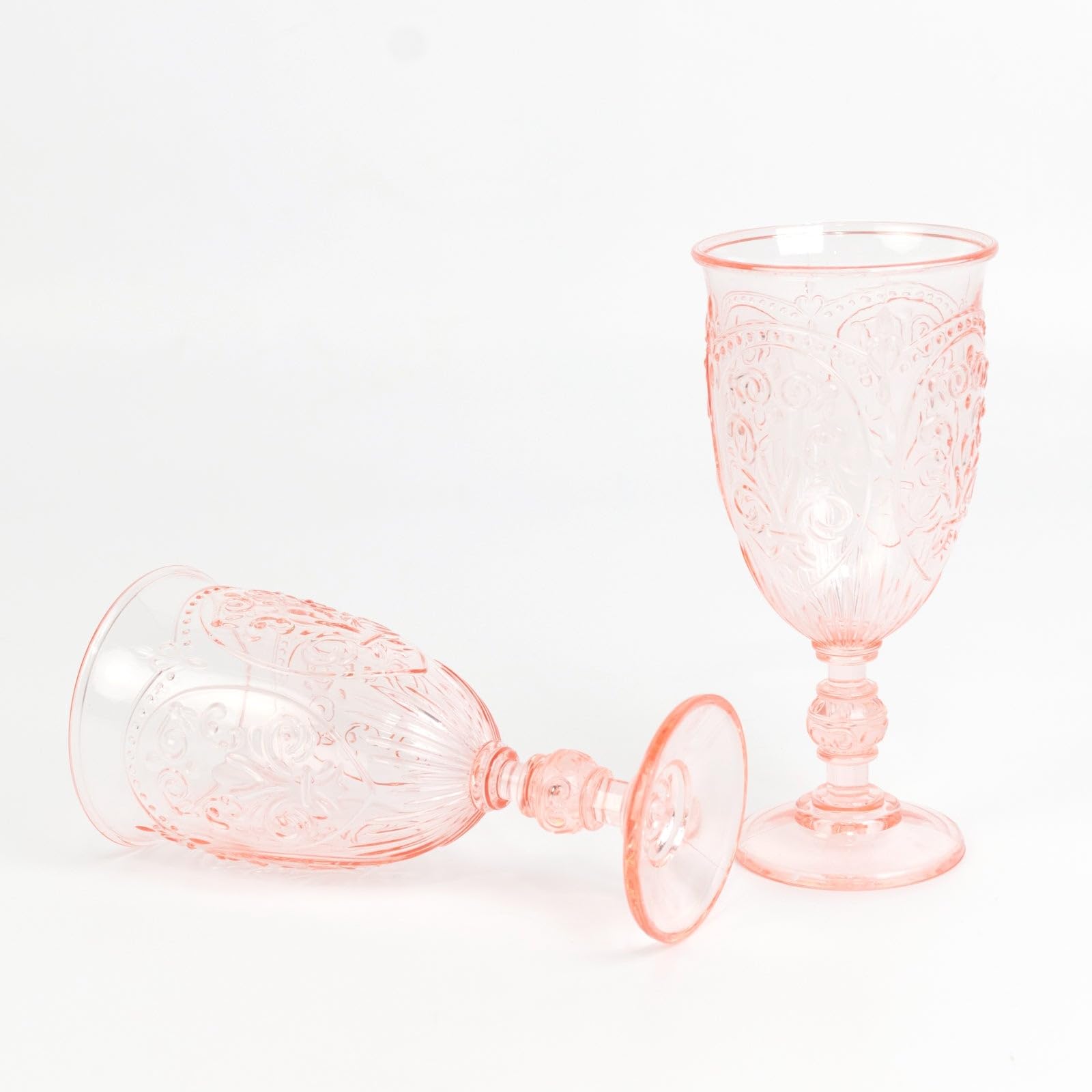 Efavormart 24-Pack Plastic Vintage Goblets – 10oz Transparent Blush Retro Embossed Wine Glasses, Elegant Water & Juice Cups - 7" Tall