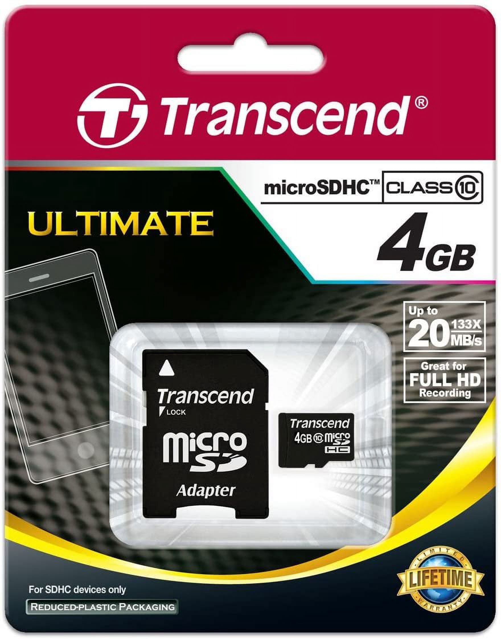 Transcend 4GB MicroSDHC Class10 Memory Card with Adapter 30 MB/s TS4GUSDHC10