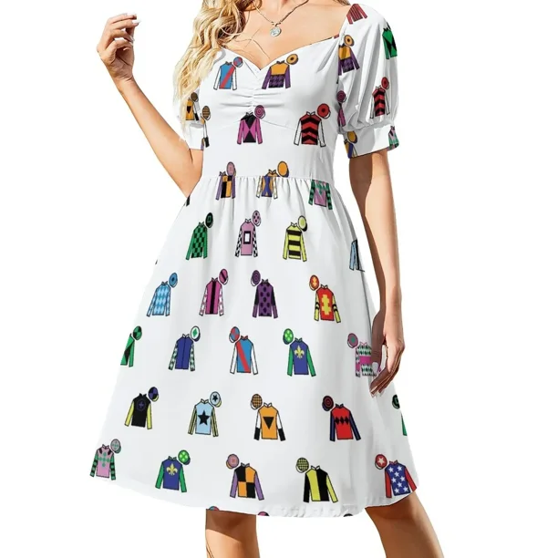 Vestido de seda colorido estilo jockey con mangas cortas para carreras de caballos, disfraz de verano para mujer, vestido informal de verano para mujer coreana.
