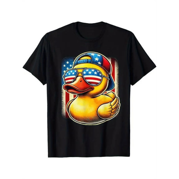 Cotton Short-Sleeve T-Shirt with a Round Neck Featuring a Yellow Duck Print Design, Suitable for All Seasons.