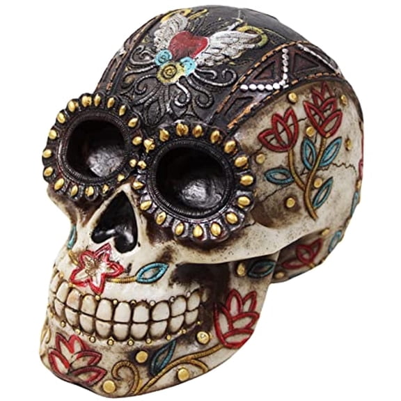 Urbalabs Day of The Dead DOD Gothic Floral Rose Flower Sugar Skull Decor Statue Skeleton Head Creepy Figurine Skull Gothic Colorful Skulls Dia De Los Muertos Decor (Red Rose)
