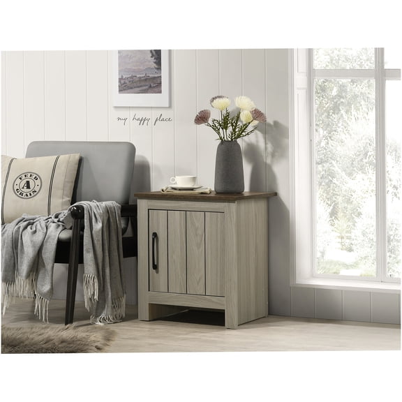Gray Oak Nightstand with Cabinet Door, Small End Table for Living Room, Sofa Side Table with Storage Shelf