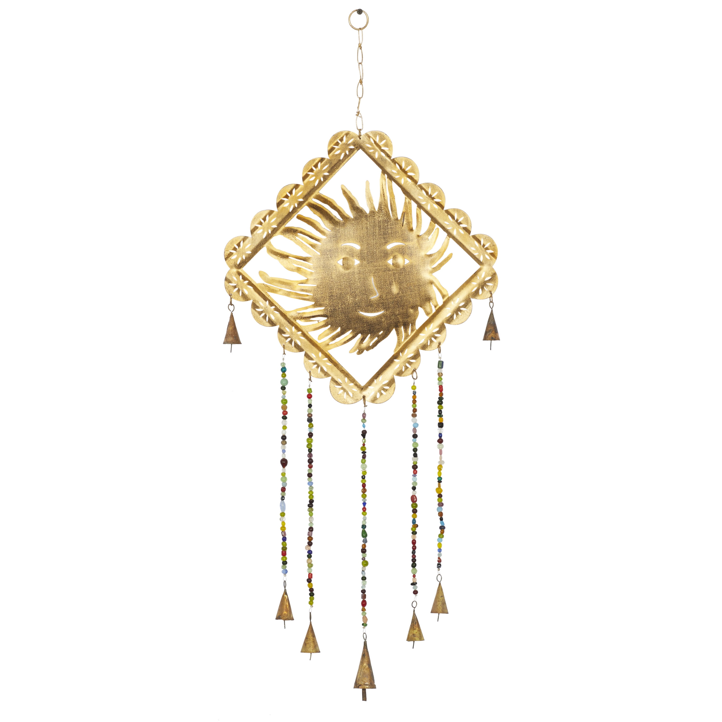 DecMode 30" Gold Metal Sun Windchime with Glass Beads and Cone Bells