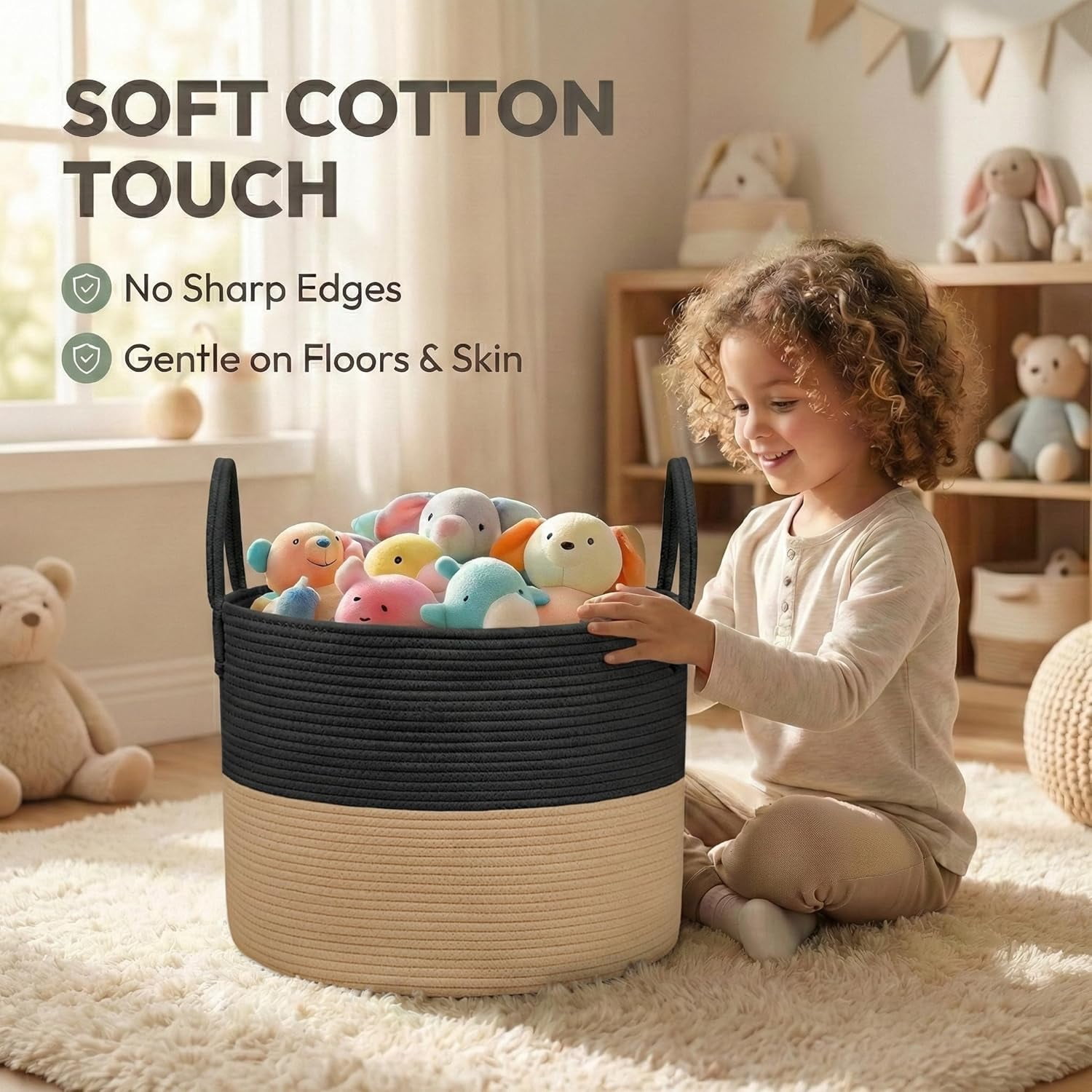 65L Extra Large Oatmeal Woven Cotton Rope Blanket Basket & Laundry Hamper with Reinforced Handles, Machine Washable Storage Bin for Pillows, Comforters & Toys, Perfect for Living Room