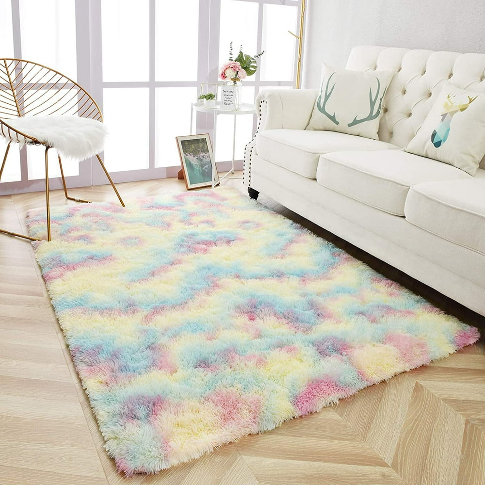 Noahas Soft Girls Room Rugs Fluffy Rainbow Area Rug for Kids Room Bedroom Large Carpet, 3x5ft