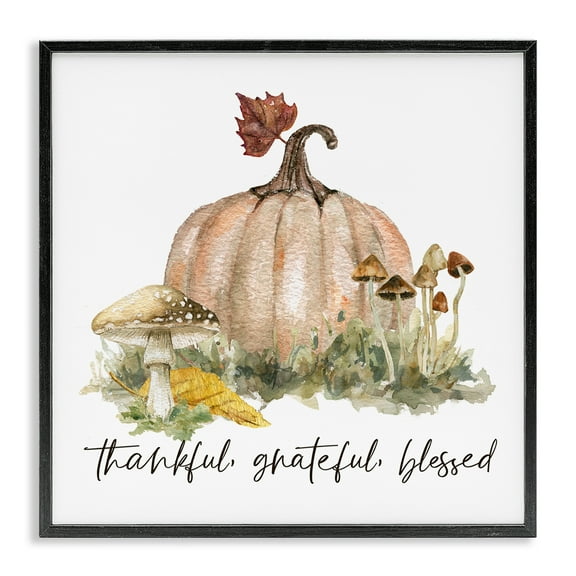 Stupell Industries Thankful Pumpkin & Mushrooms Botanical & Floral Painting Black Framed Art Prints Wall Art, 12 x 12