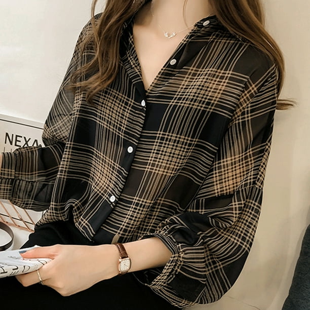 Women s Casual Long Sleeve Button Down Chiffon Plaid Shirt Loose Tops Blouse Color Black Size Asian M