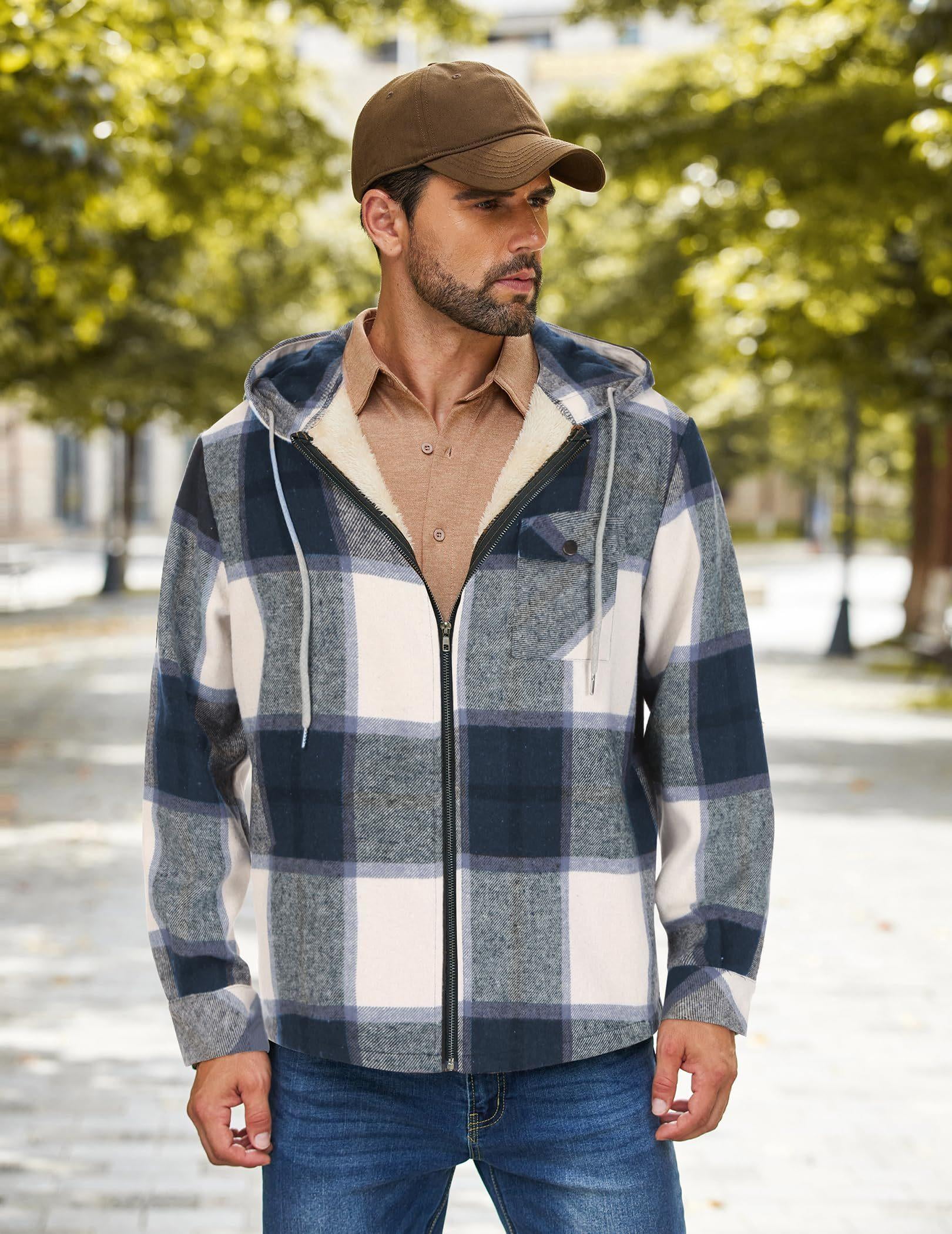 COOFANDY Men's Flannel Hooded Shirt Jacket Plaid Hoodie Zipper Sherpa Lined Winter Thermal Flannel
