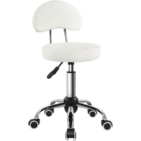 Rolling Stool with Mid Back Height Adjustable Chair PU Leather Swivel Chair with Wheels for Office Home Task Drafting (White)