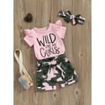 thumbnail image 3 of Bagilaanoe 3pcs Newborn Baby Girl Shorts Set Fly Sleeve Letter Print Romper Tops + Camouflage Shorts + Headband 3M 6M 12M 18M 24M Infant Casual Summer Clothes, 3 of 7