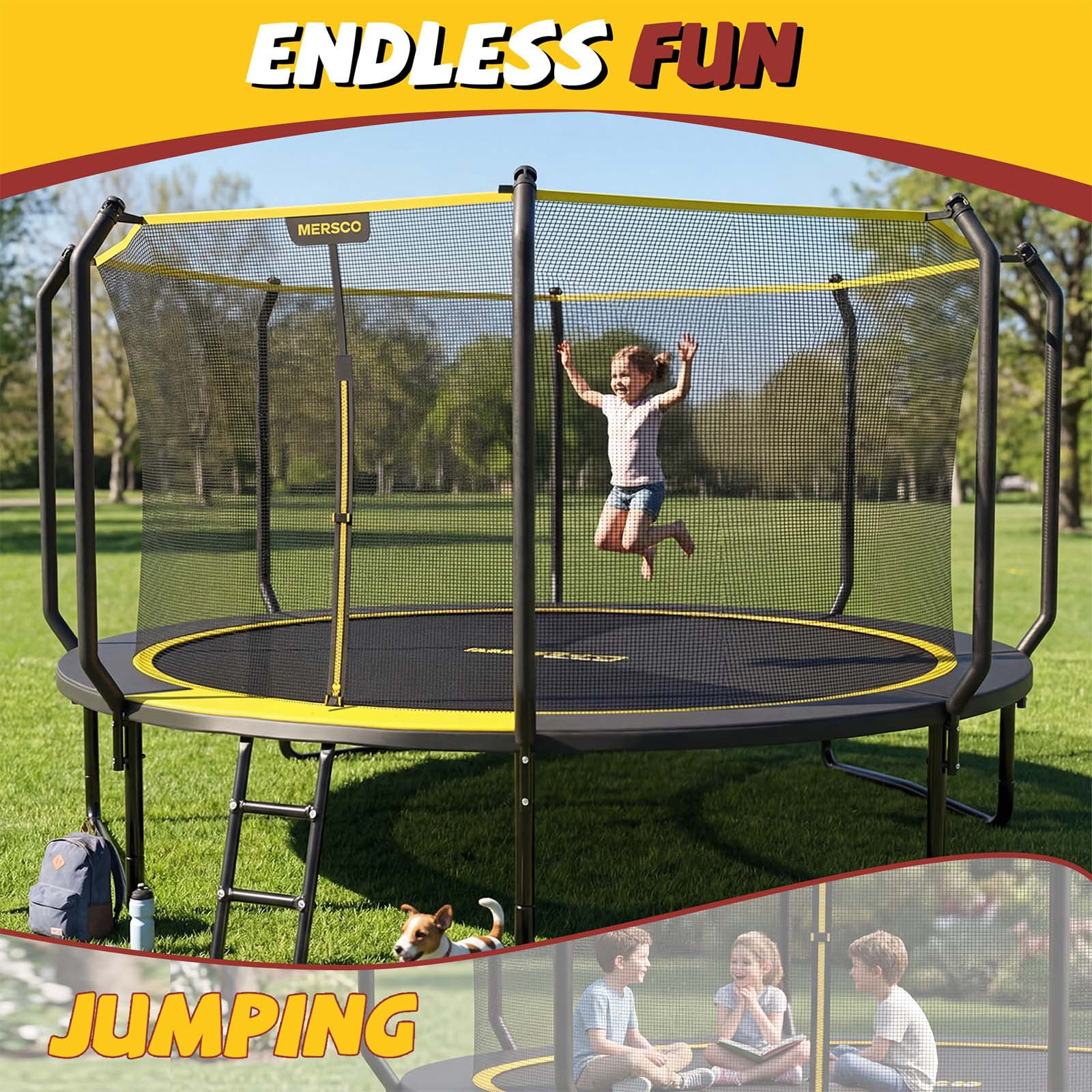 Mersco 14ft Outdoor Trampoline with Enclosure Net and Ladder,Jumping Trampoline for Kids and Adults, Kids Trampoline for Backyard Birthday Gift, Black